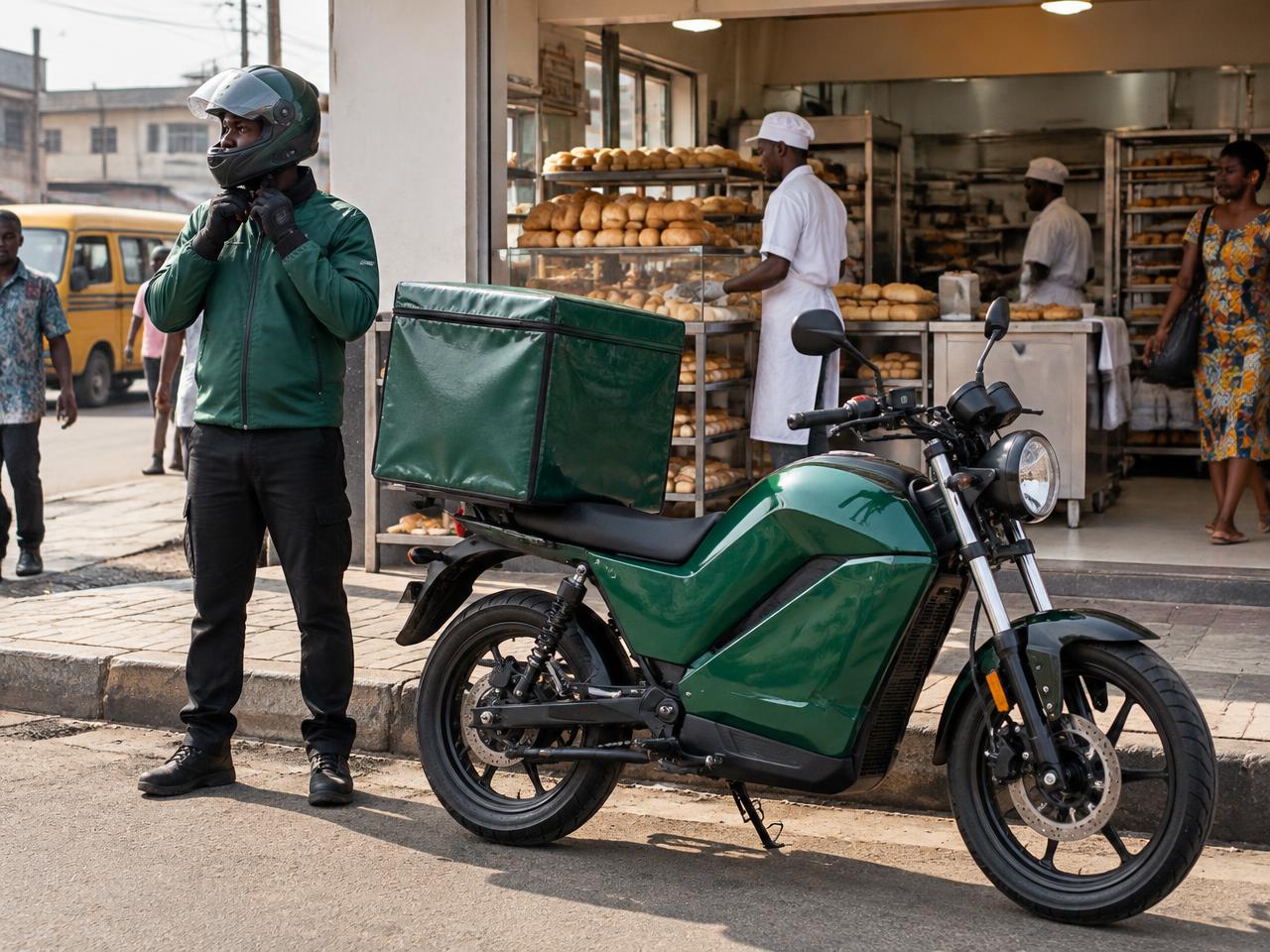 Electric food delivery motorcycle outside a bakery